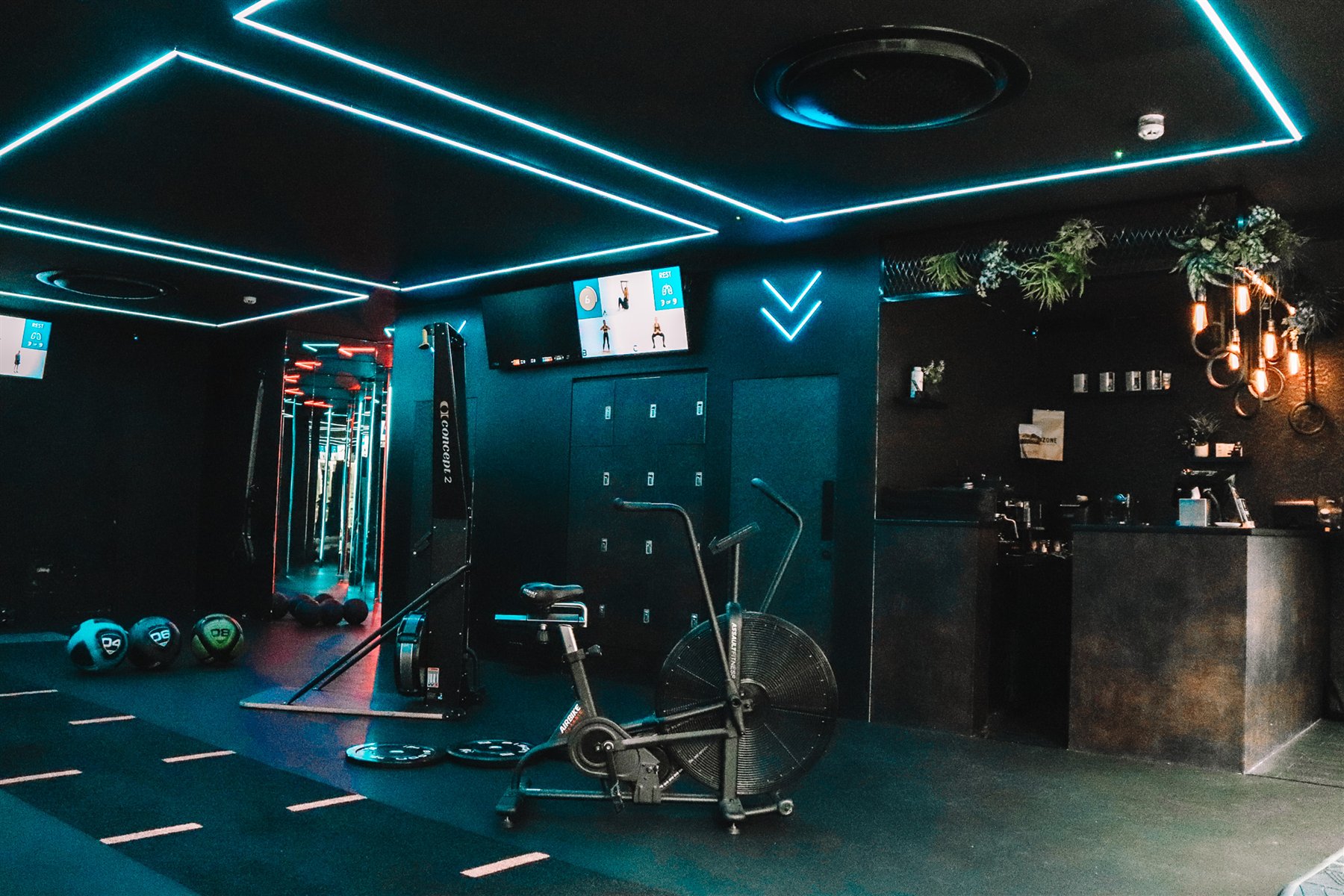 The Re.HIIT circuit floor and reception bar at Rumble Fitzrovia in central London